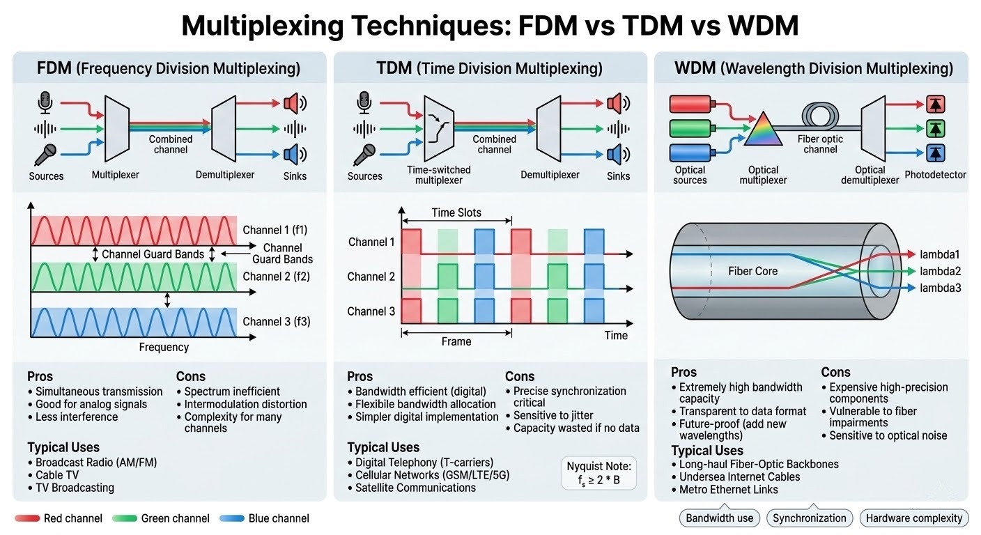 Multiplexing Techniques – FDM vs TDM vs WDM